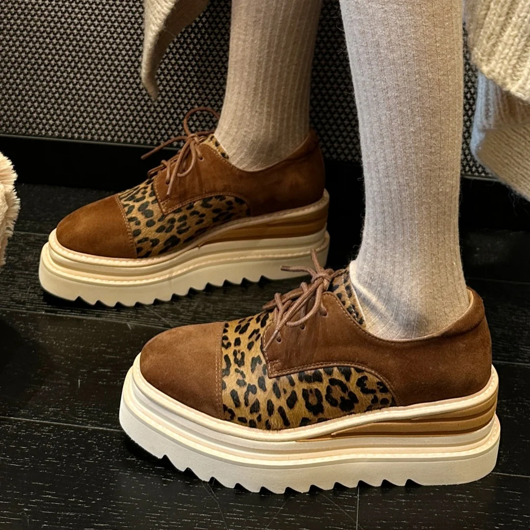 Women\'s natural suede leather horsehair patchwork thick sole platform flats lace-up oxfords square toe high quality casual shoes