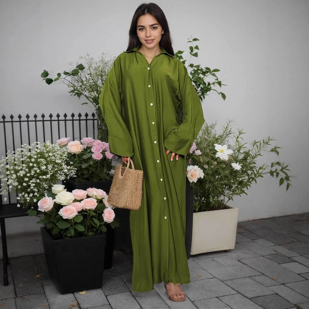 دبي عبايات إسلامية متواضعة عباية مفتوحة فستان قميص رداء ملابس نسائية إسلامية فساتين بالأزرار المفتوحة بالجملة