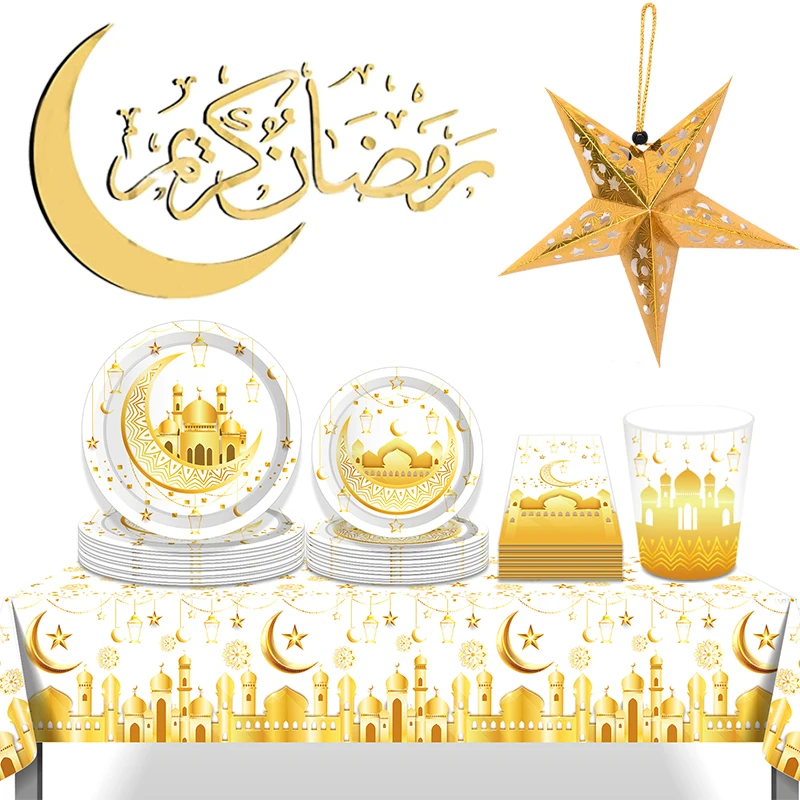 Ramadan Kareem Disposable Tableware Golden moon stars mosque print Paper Plates Cup Tablecloth EID Mubarak Decoration 2024