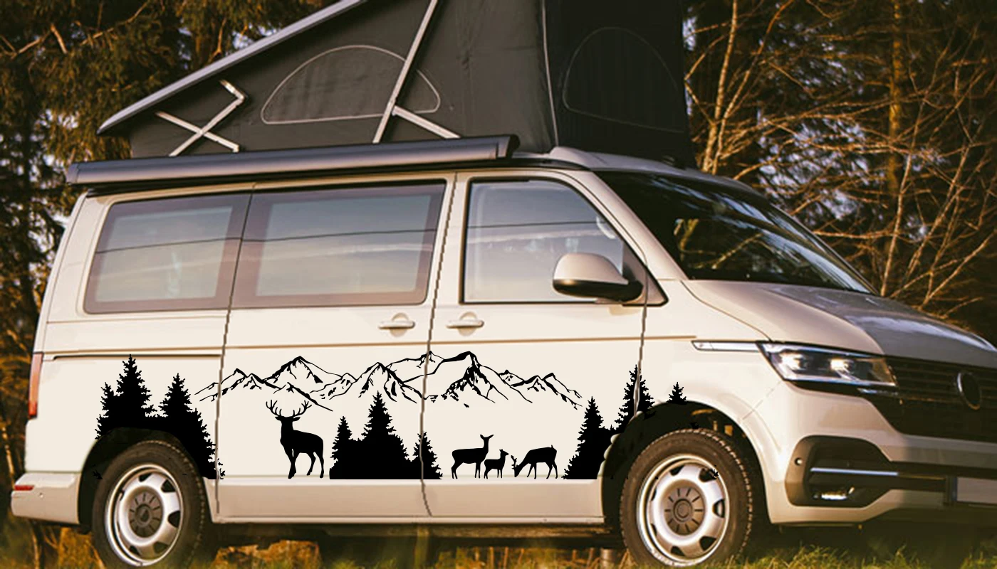 Large Mountain Tree Deer Forest Van Rv Car Sticker Travel Adventure Wildlife Camper Caravan Motorhome Vinyl Decor