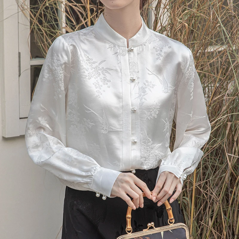 QOERLIN Spring Fall Chinese Style Silk White Shirt Women Stand Collar Long Sleeve Slim-Fit Casual Top Shirt Sleeve Blouse Female