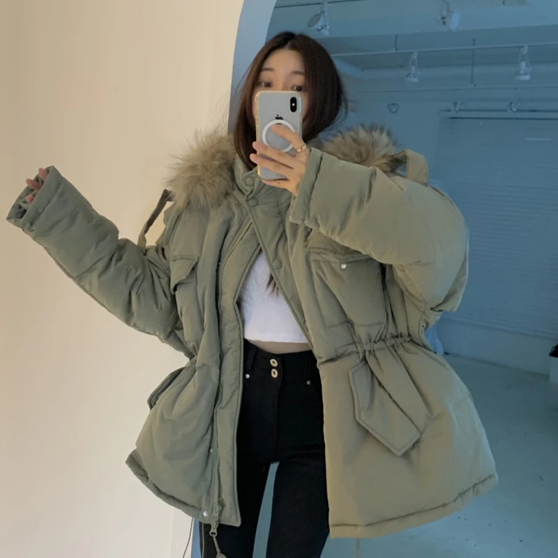 Fur Collar Drawstring Waist All-match Simple Coats 2024 Winter Korean Chic Parkas Thick Warm Long-sleeved Cotton-padded Coat