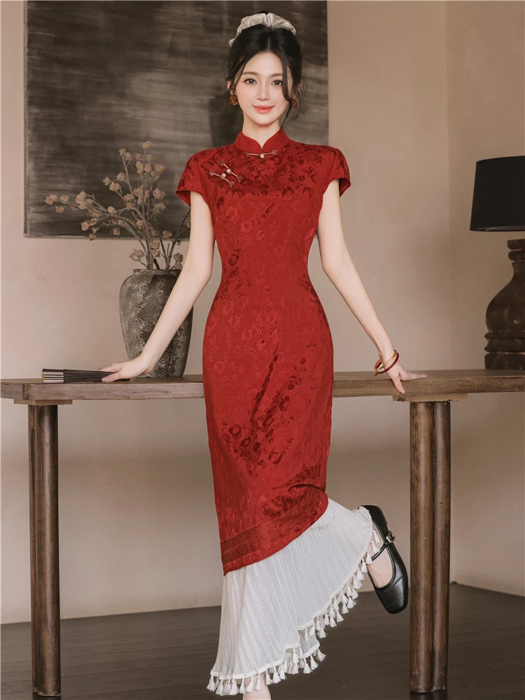 

Ele Red Young Sle Engagement Dr Women's Daily Wear Light Ceremony Dr Vintage Long Qipao Gown