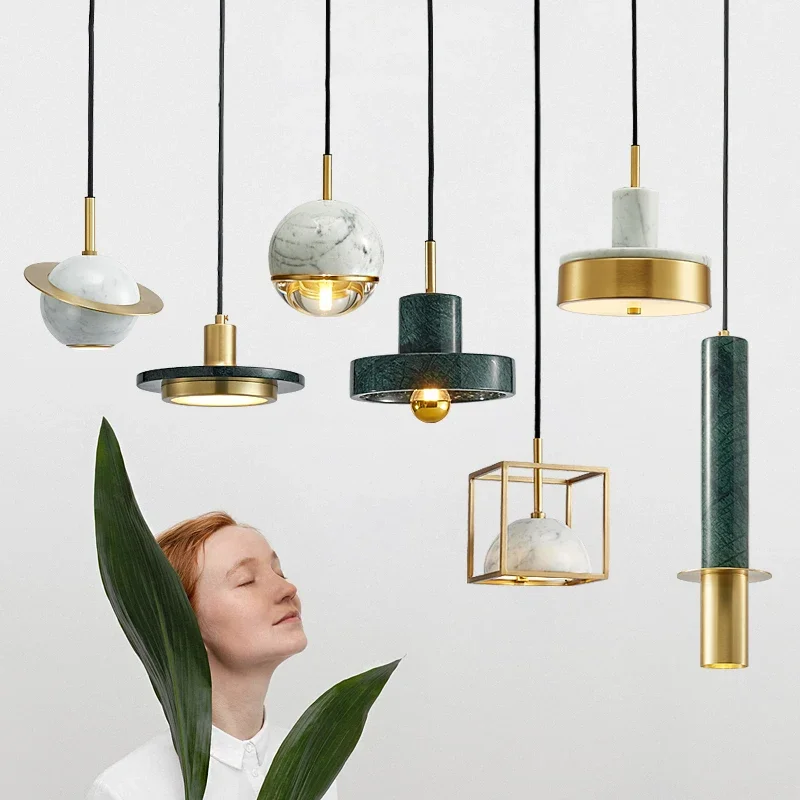 

Nordic bedside chandelier modern minimalist bedroom lamp restaurant art bar single head Marble copper lighting