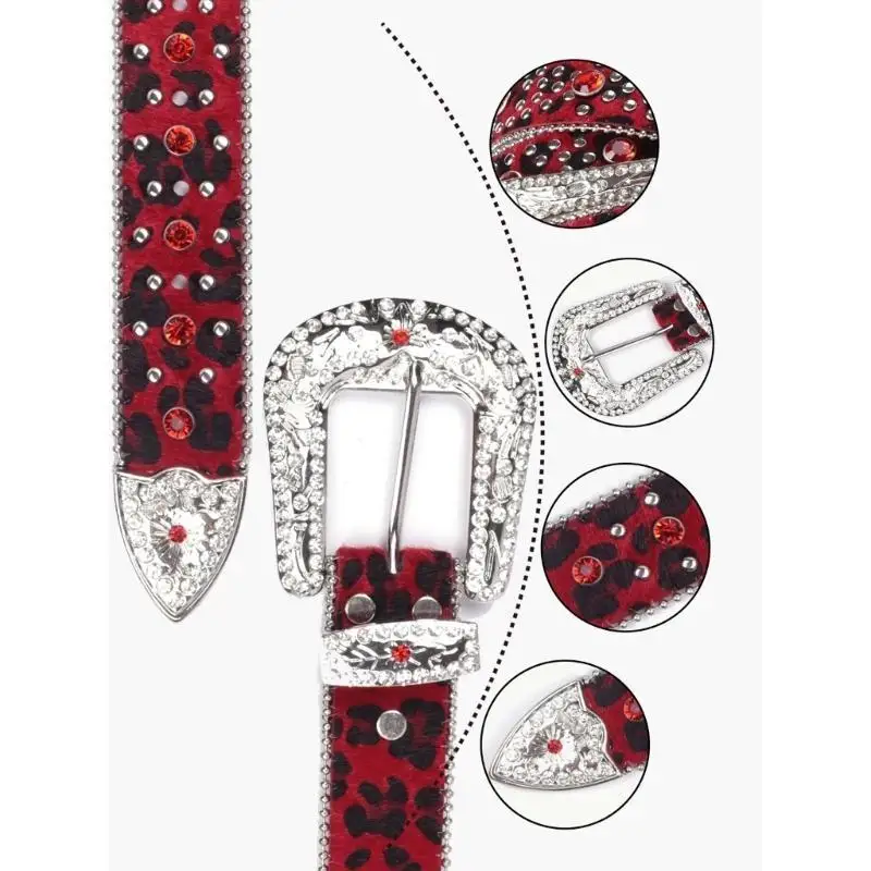 39BB Cinturón con estampado leopardo y hebilla diamantes imitación para fiesta disco para niña