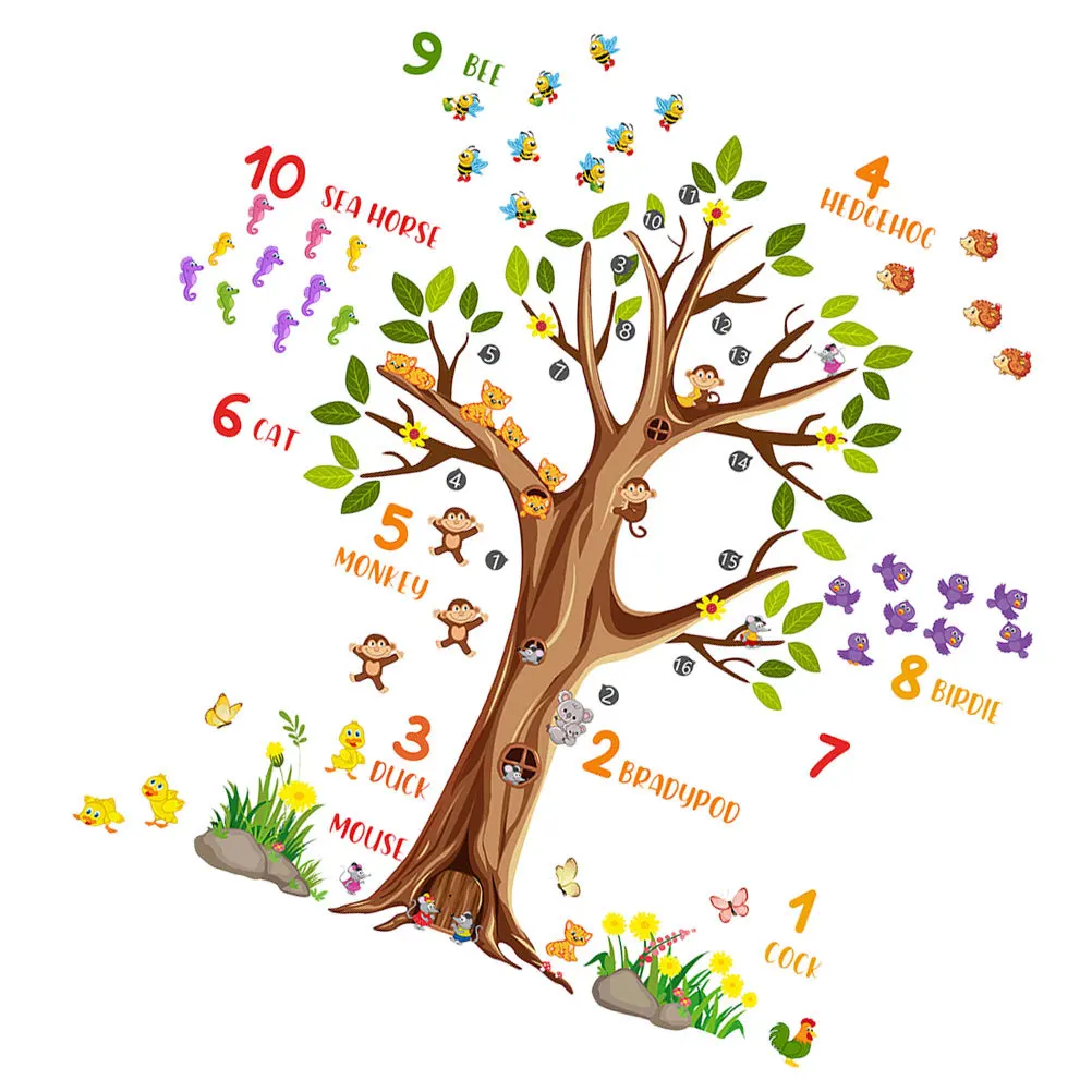 1 مجموعة 1 مجموعة من ملصقات جدار شجرة الحيوان البلاستيكية أرقام الأبجدية لغرفة الحضانة غرفة النوم غرفة المعيشة غرفة اللعب الفصول الدراسية