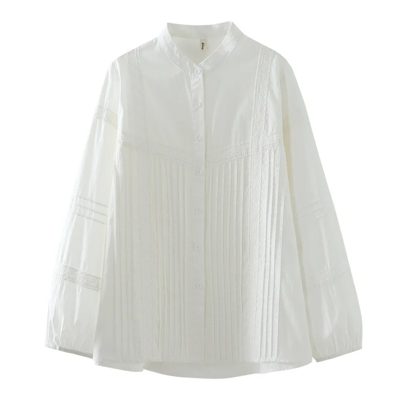

[Готовый запас] Высококачественная женская блузка из 100% хлопка, белая рубашка, осень 2023, элегантные новые плиссированные рубашки с оборками, топы