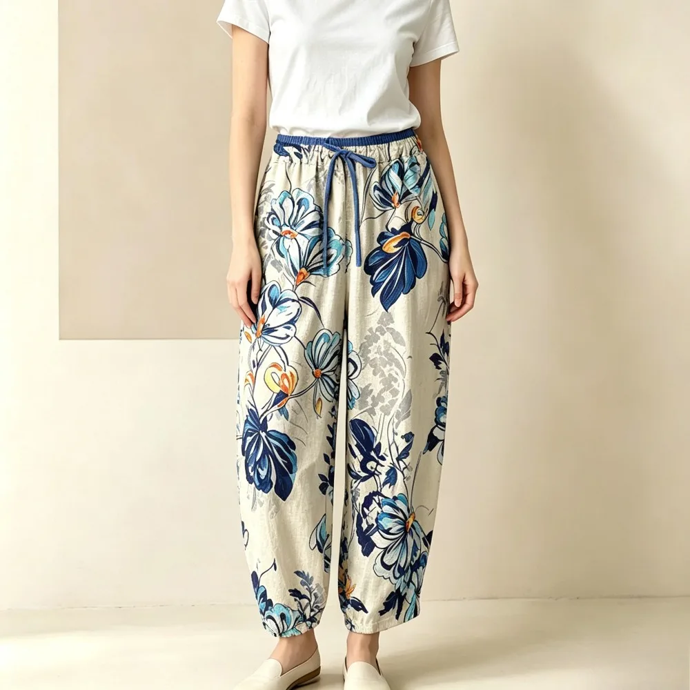 Vintage Lotus Floral Print Women Cotton Harem Pants Elastic Drawstring High Waist Loose Casual Ankle Trousers for Daily Holiday