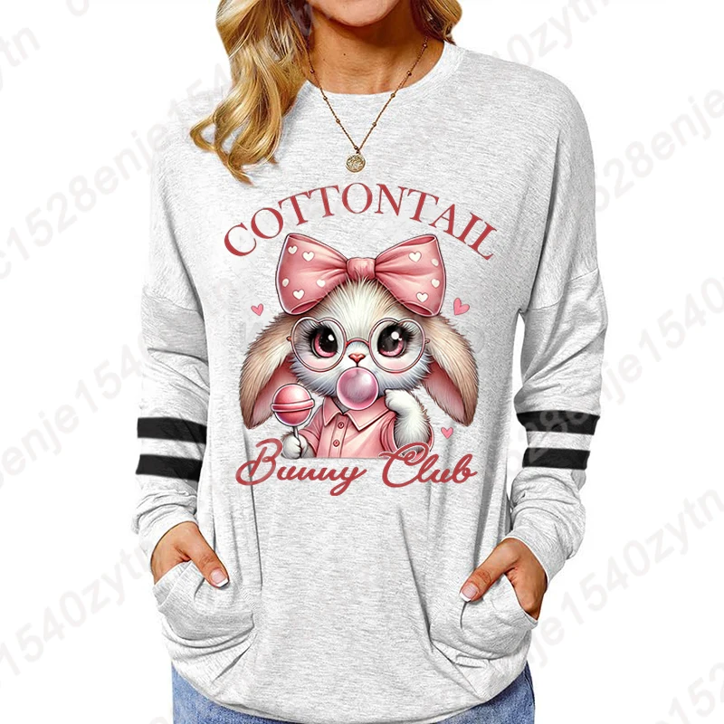 Women's Long Sleeve Top Cottontail Bunny Club Easter Shirt Pink Bow Bunny Cute Clothing Female Cute Spring Rabbit Gift T-shirts