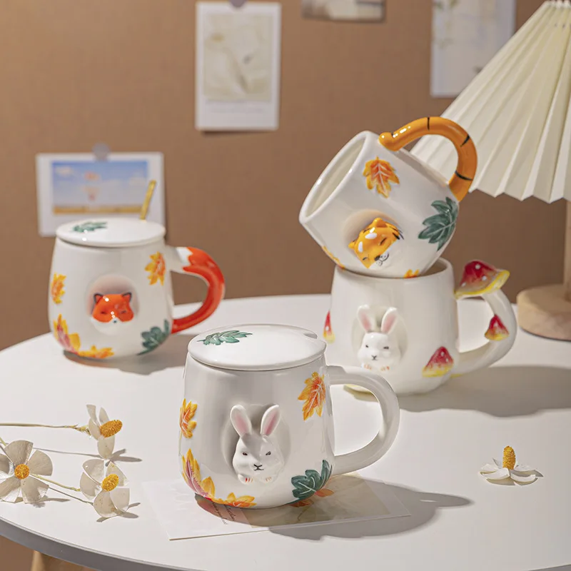 

Креативные керамические кружки с 3D тиснением, ручная роспись, кролик, лиса, тигр, с крышками, большая милая фарфоровая кружка, чашка для кофе, чая, молока, подарки