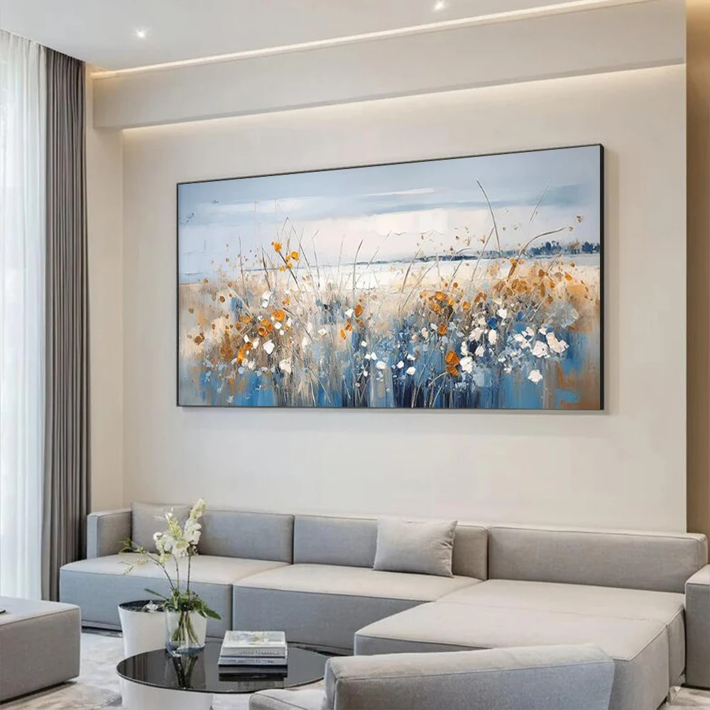 

Original oil painting canvas abstract art, natural home decor, blue wildflower oil painting wall art，handmade pain