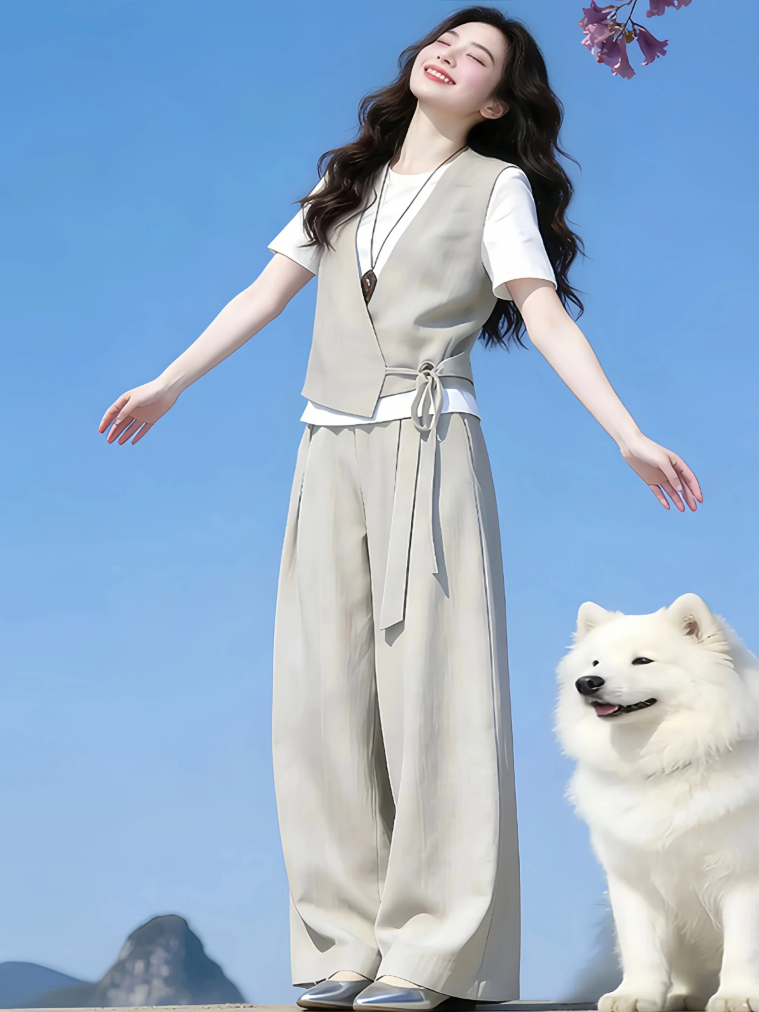 

Casual Chic Women's Set 2026 New White Short Sleeve T-Shirt Grey Belted Vest Wide Leg Pants High-End Feel Two-Piece Ensemble