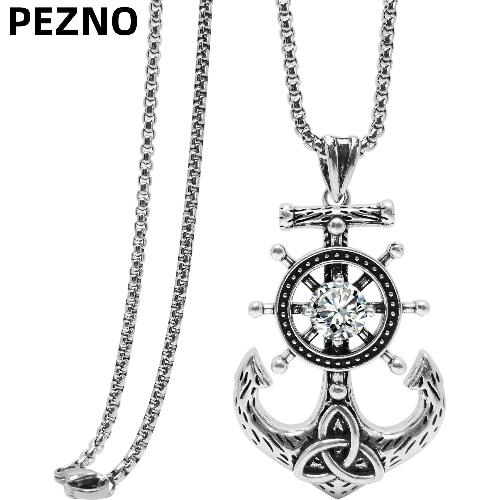

PEZNO Men's Nautical Anchor Celtic Knot Necklace | Stainless Steel Compass Pendant with Cubic Zirconia | Jewelry Gift