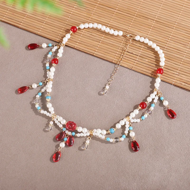 Fashion Straight Hair Necklace Red Imitation Pearl Chain Song Guofeng Han Clothing Element Accessories Alien Wreaths Collar Y2k