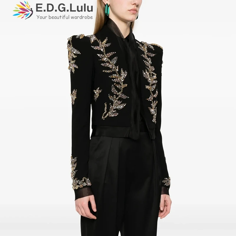 

EDGLuLu Korean Fashion Long Sleeved Women's Blazer 2025 Autumn New Arrival Design Diamond Inlay Collage Short Blazer 0916