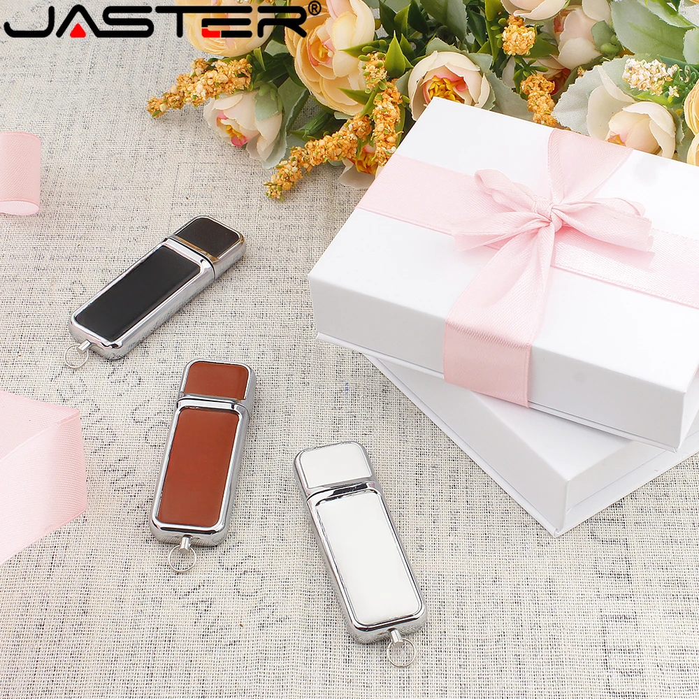 JASTER 다크 브라운 사각형 가죽 USB 2.0 플래시 드라이브, 흰색 메모리 스틱, 종이 상자 펜 드라이브, 64GB 외장 드라이브, 창의적인 선물, 128GB