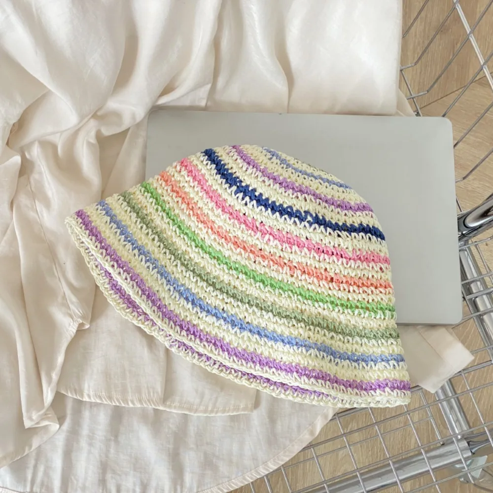 

Ins Summer Beach Straw Cap Women's Striped Rainbow Sun hat Wide Brimmed Handmade Bucket Hat Outdoor