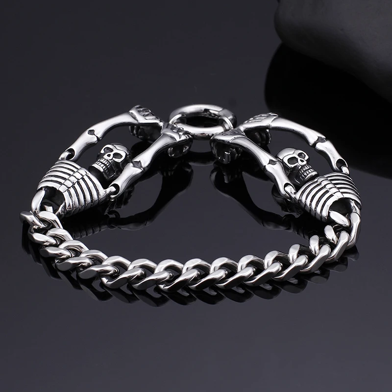 Fongten Retro Skull Bracelet Men Skeleton Stainless Steel Bracelets For Mens Halloween Gift