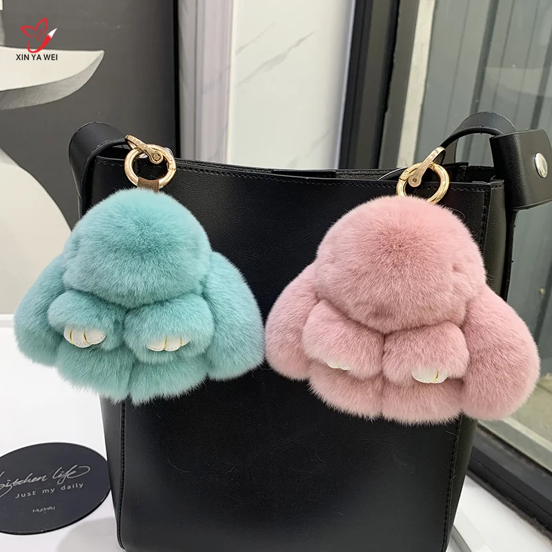 2024 Multicolor Rabbit Keychain Ring Fluffy Real Fur Pompon Bunny Trinket Key Chain Charm Cute Ring On Bag Car Key Pendant