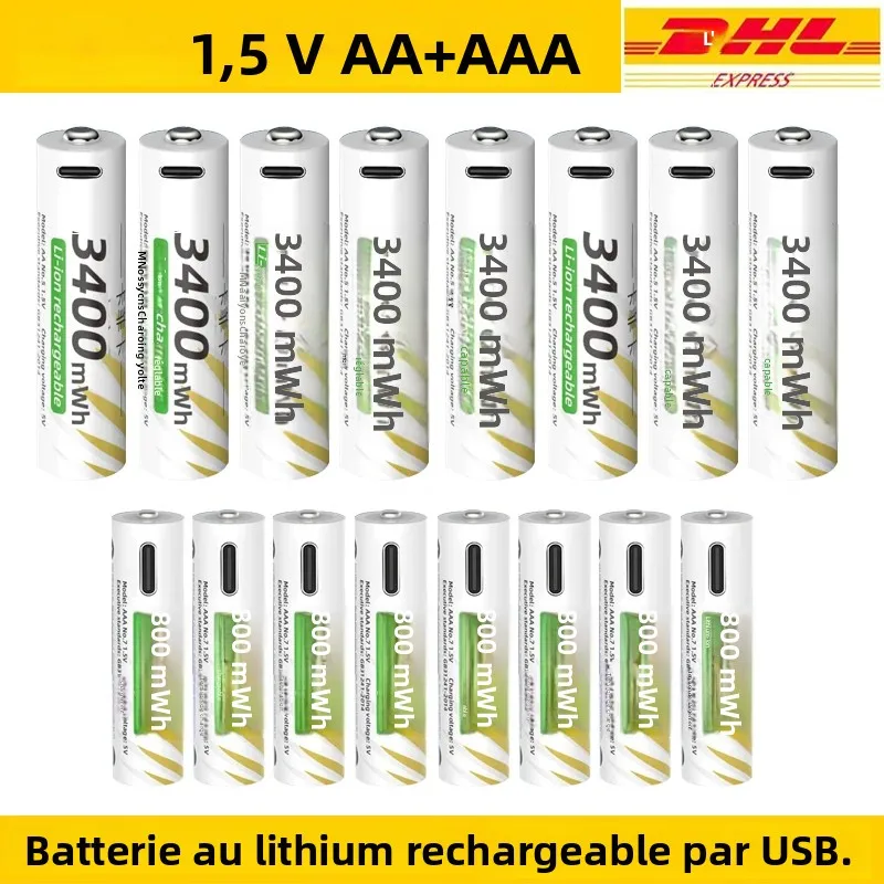 Grande promotion USB 1.5V AA + AAA Batteries rechargeables li-ion batterie pour télécommande souris batterie jouet électrique + câble type-c