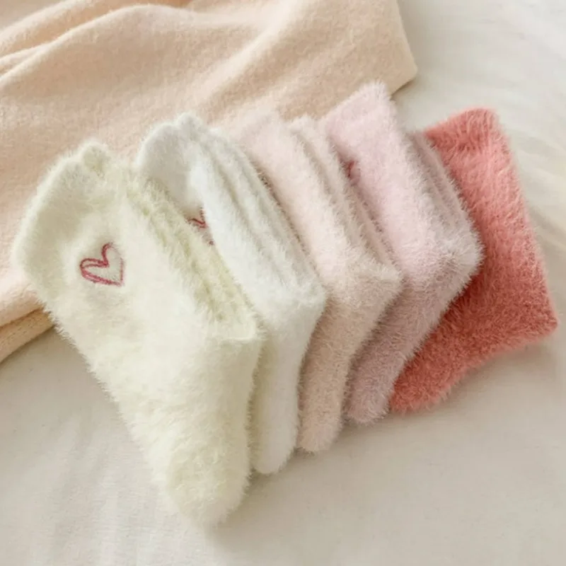 Thickened Middle Tube Socks Mink Fur Pink Embroidered Heart-shaped Women Autumn Winter Warm Sleep Home Solid Color Plush Sock