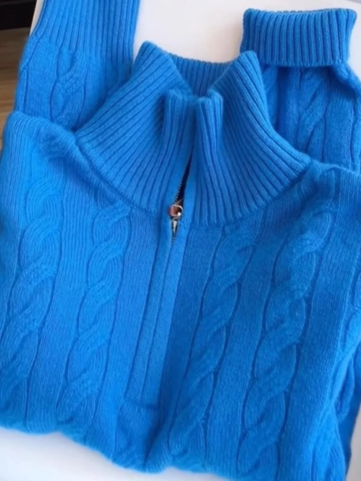 

Женский вязаный свитер с молнией и узором «косы» цвета «Кляйн синий», осенне-зимний, в корейском стиле, свободного кроя, с длинными рукавами и круглым вырезом