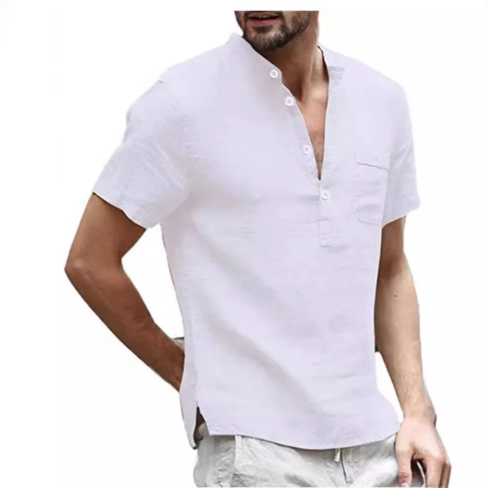 Summer Cotton Linen Short Sleeved Men\'s T-shirt Stand Up Collar Button Simple Short Sleeved Shirt Sports and Casual Men\'s Shirts