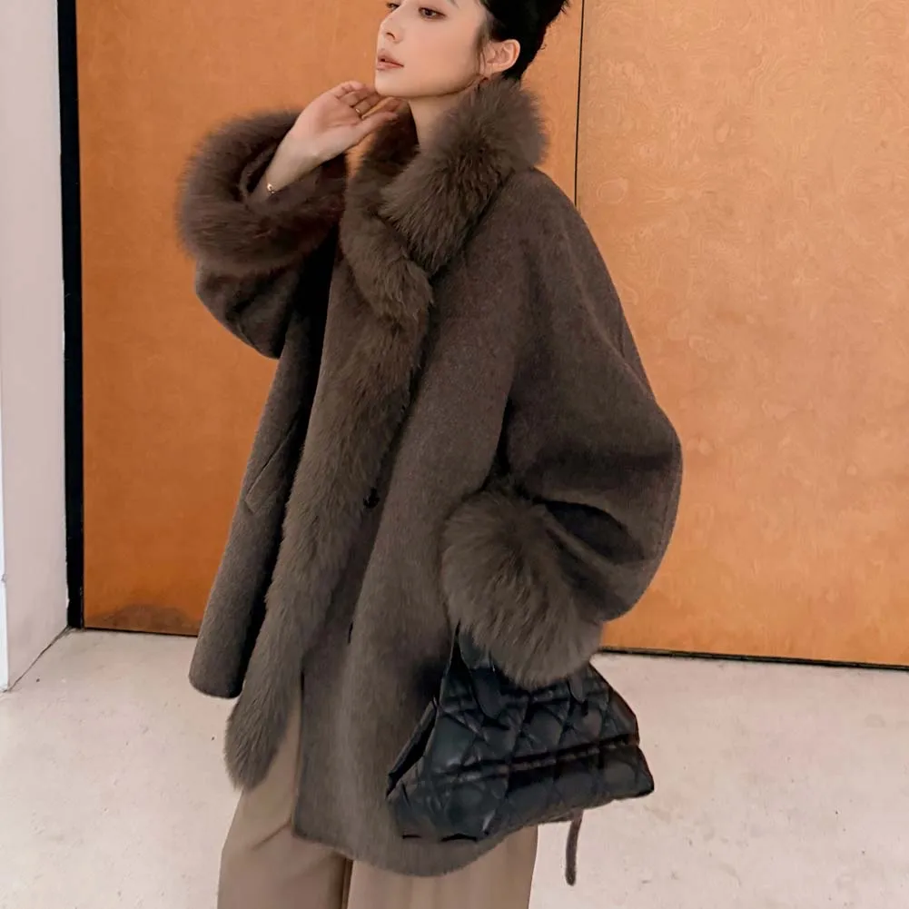 2025秋冬新作 両面ウールカシミヤコート ミドル丈 フォックスファー襟付き ウールコート レディース
