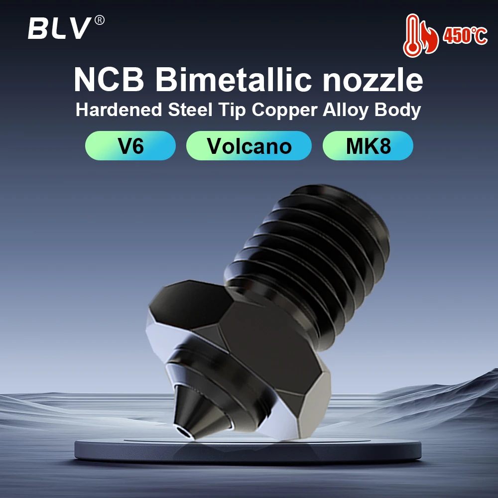 

BLV®NCB Bimetalli V6 Volcano MK8 Hardened steel Tip Bimetallic nozzle Copper Alloy Body High hardness Wear resistance upto 450℃
