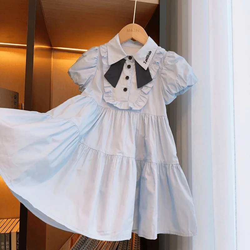 New Girls Dress2024Summer New Graceful Puff Sleeve Bow Children Skirt