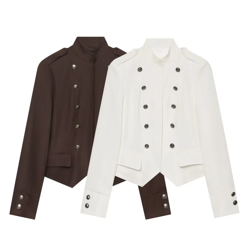 2026 Autumn Women New Style Vintage Double Breasted Stand Collar Jacket Unique Cropped Notched Design Fashion Lady Outerwear