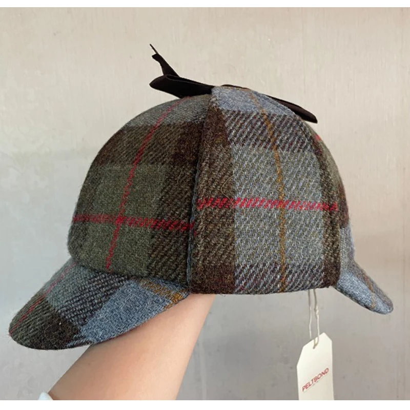 Winter Autumn Derby Tweed Wool Deerstalker Hat, Unstiffened Cloth Earflaps Semicircular Visors Detective Hat