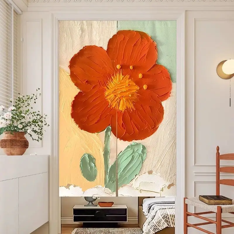 Art Oil Painting Illustration, Air Door Curtain, Yellow Oil Painting, Home Use, No Punching, Room Cover, Decorative Curtain