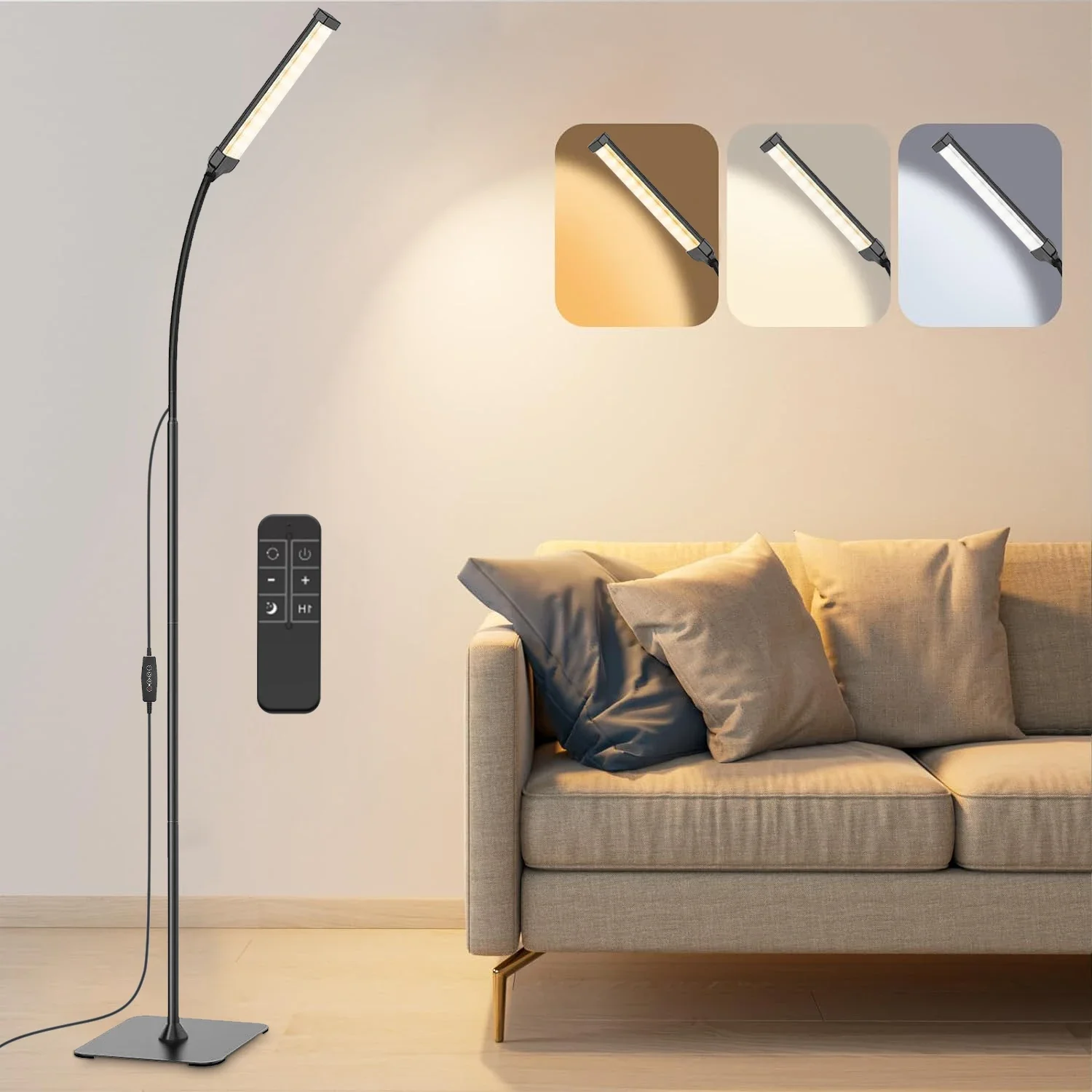 

LED Floor Lamp Dimmable 3 Color 5 Levels with Remote Control Timer Adjustable Standing Gooseneck Light for Living Room Reading
