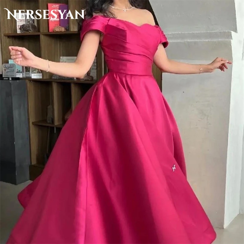 

Nersesyan Pink Off The Shoulder Party Gowns Satin A Line Draped Formal Evening Gowns Ankle-Length Long Vestidos De Fiesta 2023