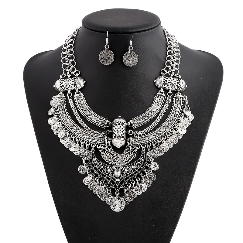 Retro Silver Color Coin Indian Jewelry Set Women Earring/Necklace Bijoux Wedding Jewelry Hangers Ethnic Flower Jhumka Earrings