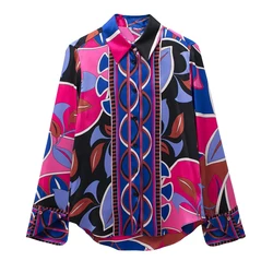 Top Female Streetwear Collared Shirt Woman Summer Elegant Blouses 2024 Print Button Up Shirt Women Vintage Long Sleeve