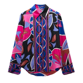 Top Damesstreetwear Overhemd Met Kraag Vrouw Zomer Elegante Blouses 2024 Print Shirt Met Knoop, Dames Vintage Lange Mouwen