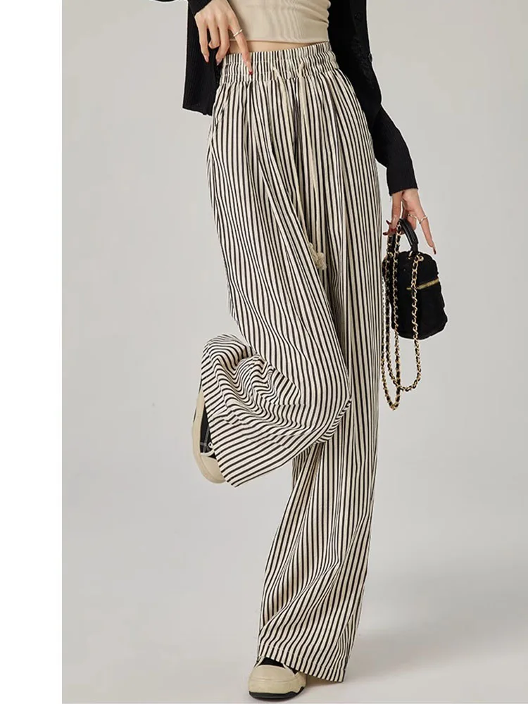 Black White Striped Loose Wide Leg Pants Women's Summer Thin Large Size Fat MM Short Loose BF Lazy Draping Casual Trousers