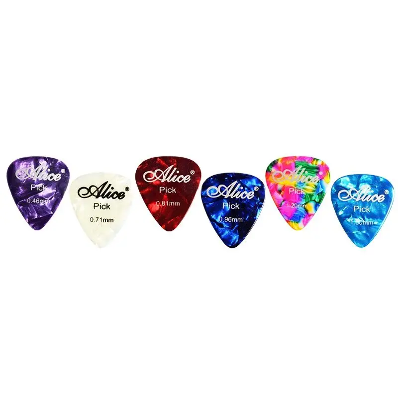 100 piezas Alice púas de guitarra plectro de celuloide Mediador 0.46/0.71/0.81/0.96/1.2/1.5mm Colores al azar Accesorios de guitarra