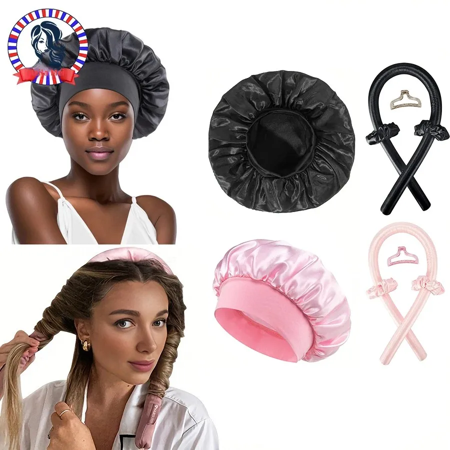 Ensemble de bonnets de couchage en Satin, sans chaleur, bandeau à friser, pince à cheveux, anneaux pour cheveux, chapeau de couchage doux pour Salon