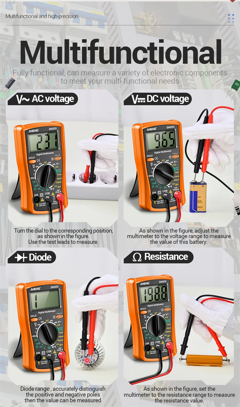 Multifunktionales ANENG DM850 Multimeter, 1999 Zähler, Summer, Datenhaltefunktion, Transistor, Haushaltsstromkreis, Elektrisches Reparaturmessgerät, Werkzeuge – Detail 10