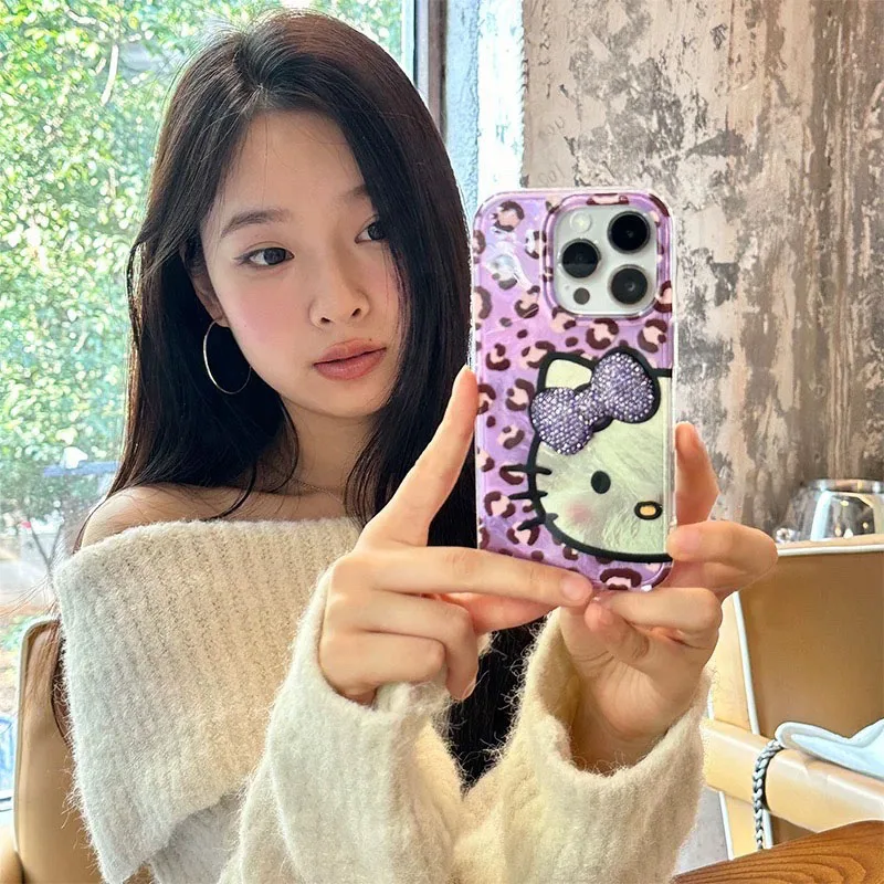 Hello Kitty Leopard Print Diamond Bow Cute Phone Case For iPhone 16 15 14 12 13 11 Pro Max XR XS MAX 7 8 PLUS MINI Y2K Cover