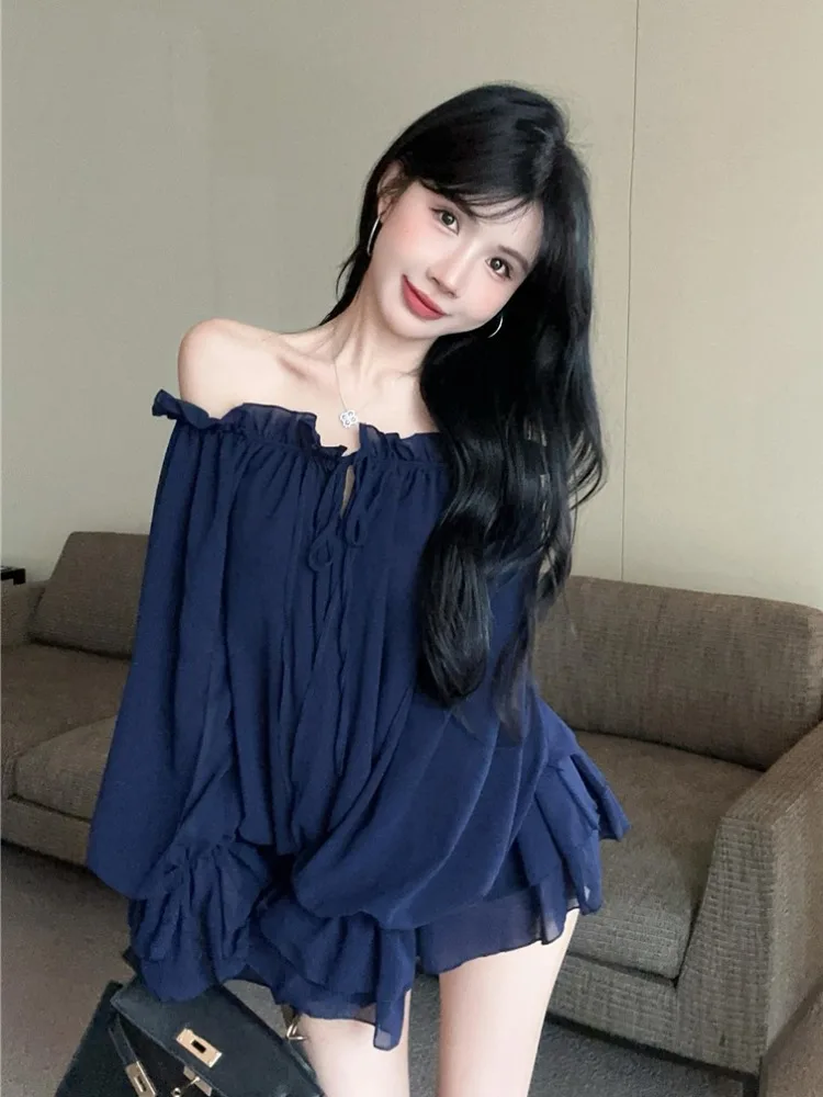 

Sweet Pure Desire Petal Layered Drawstring Chiffon Top Women's Spicy Shoulder Mesh Belted Shirt Commute Simple Style plus Size