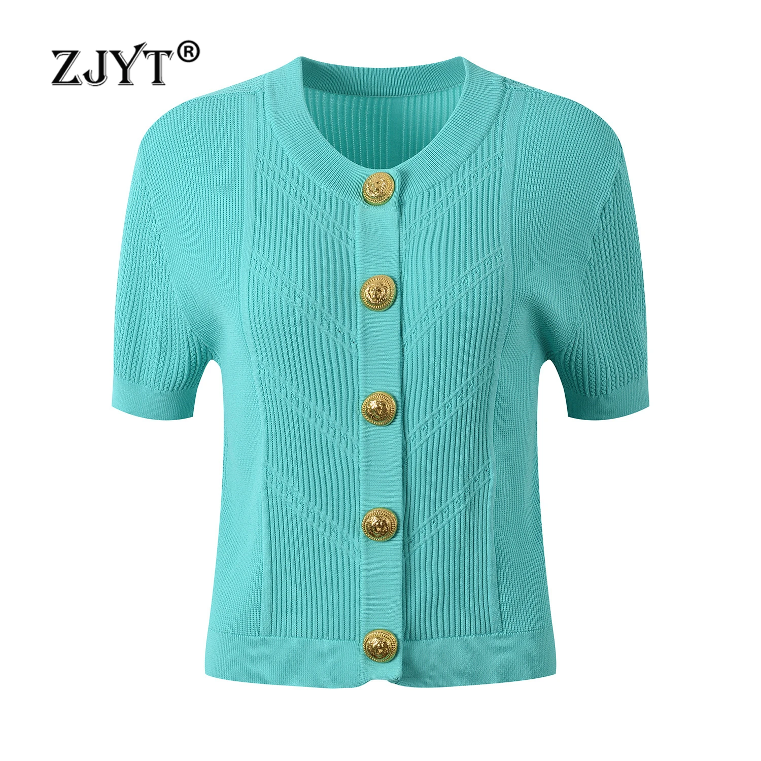 

ZJYT Summer Fashion Women Knitted Cardigans Tops Sweaters Short Sleeve O Neck Metal Buttons Knitwears White Jersey Mujer 2024