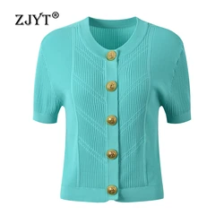 ZJYT Summer Fashion Women Knitted Cardigans Tops Sweaters Short Sleeve O Neck Metal Buttons Knitwears White Jersey Mujer 2024