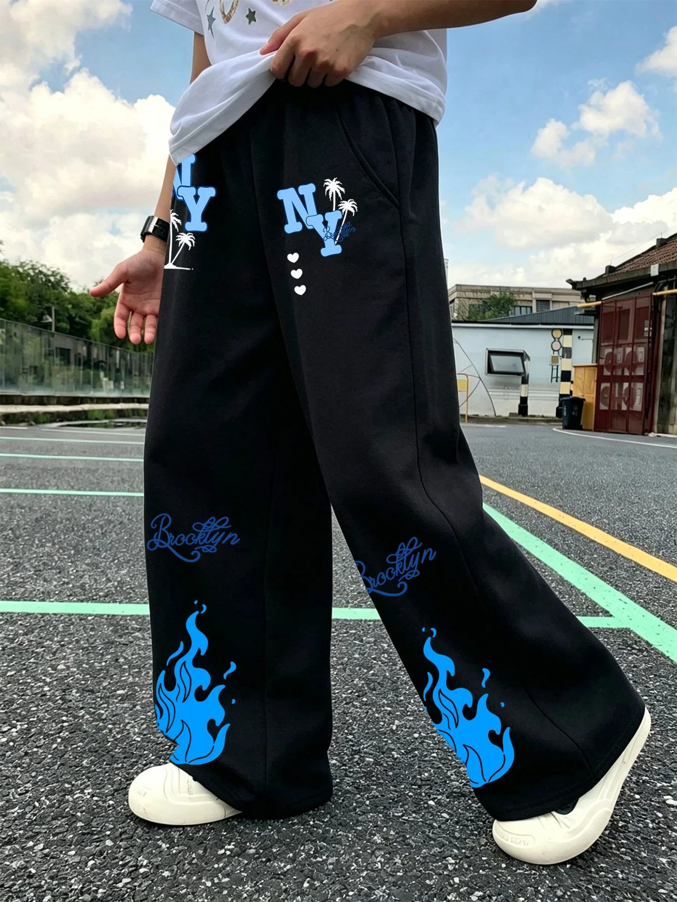 Men's Gothic Purple Flame Skull Print Wide Leg Sports Pants with Elastic Drawstring High Street Loose Straight Leg Casual Pants