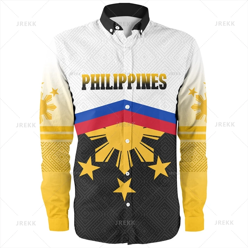 Small Size 3D Philippines Pride Print Long Sleeve Shirts Men Philippines Ethnic Patterns Graphic Shirts & Blouses Vintage Shirts