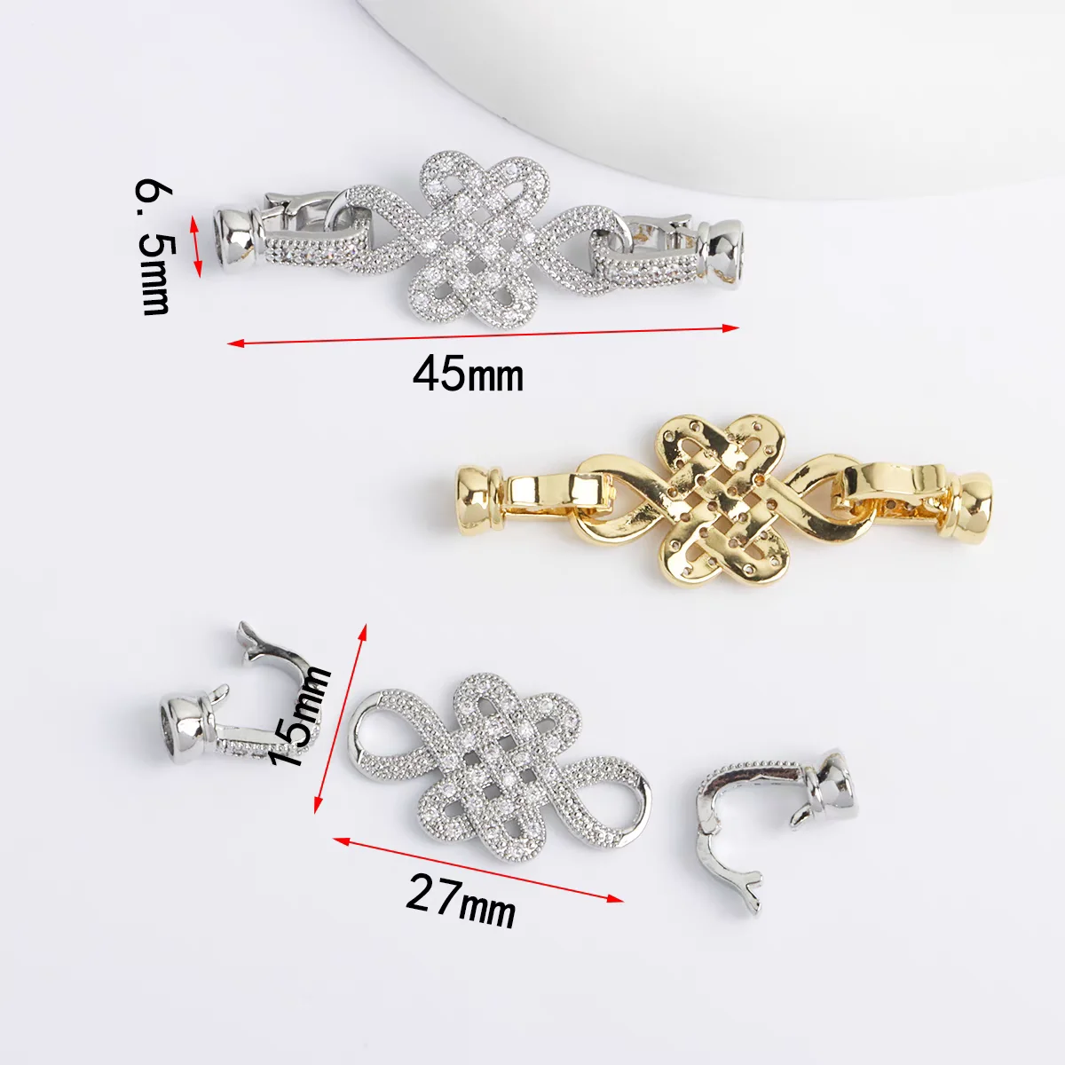 A DIY necklace buckle, bracelet buckle copper plated 18K gold, Chinese knot micro inlaid synthetic zircon accessory suitable for