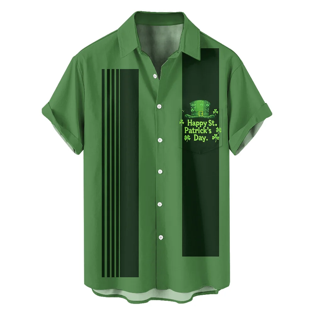 2025 Saint Patrick's Day Elements Summer New Large Size Men's Casual Fashion Digital Print Short Sleeve Shirt